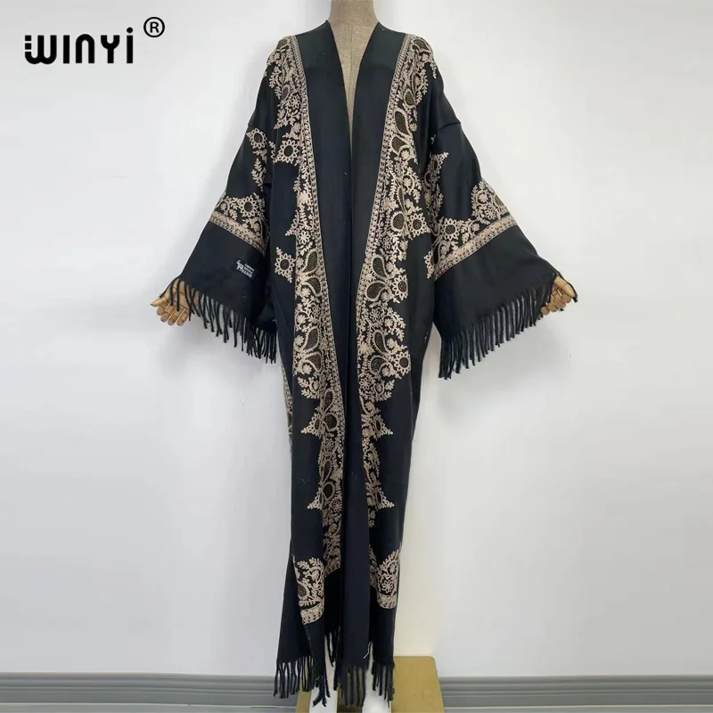 WINYI Winter Women tassel Pashmina haft długi płaszcz luźny, z klapami szata femme gruby ciepły bezpłatny rozmiar bliski wschód kobieta KIMONO