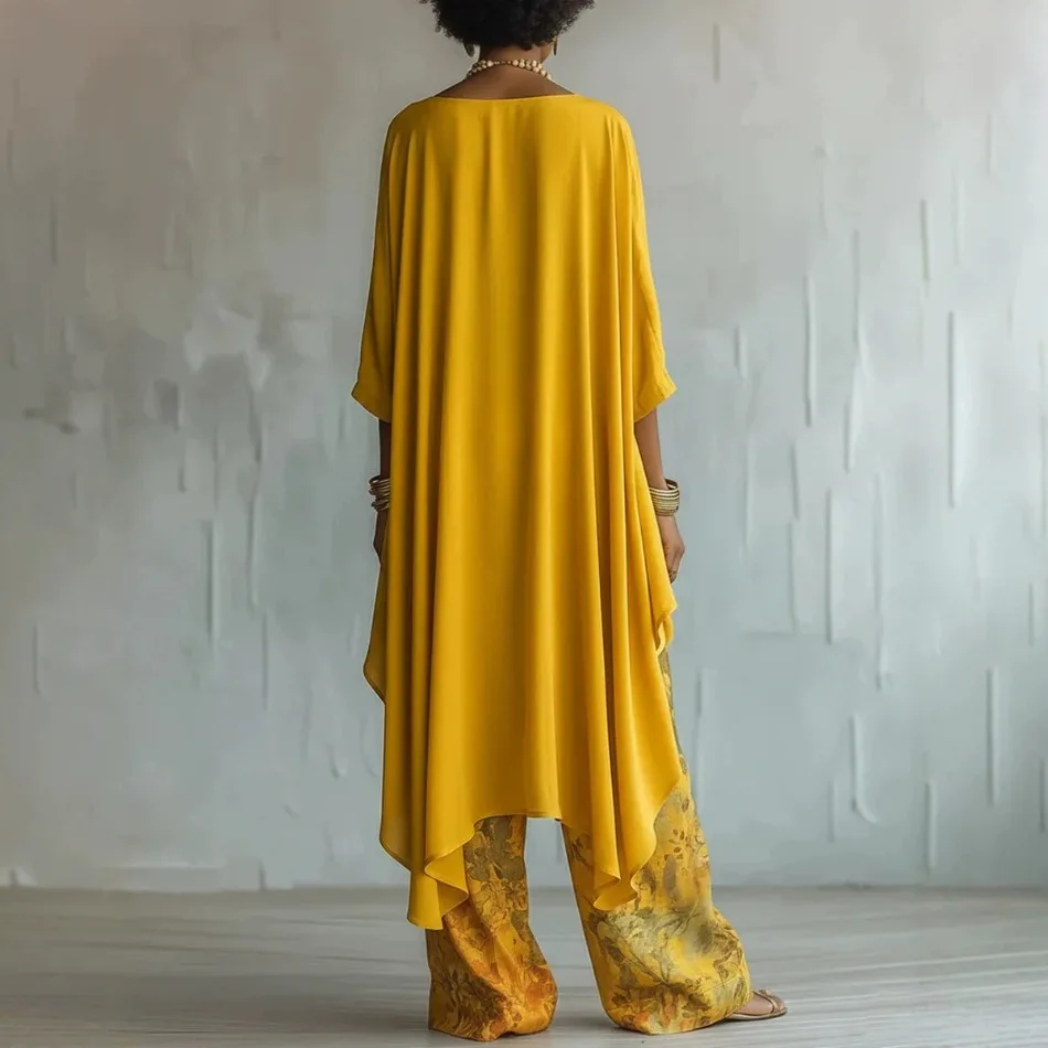 Damen 2-Teiliges Set: Locker Sitzendes Oberteil mit Langen Ärmeln und Unregelmäßigem Schnitt, Lässige Bedruckte Weite Hose, Modisches Frühlings- und Herbst-Outfit – Detail 6