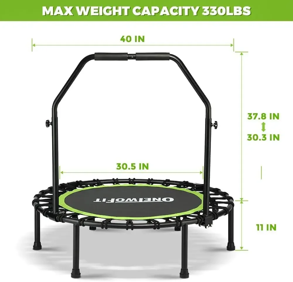 Foldable Rebounder Trampoline for Adults, 40/42/ 45” Mini Fitness Trampoline W/Adjustable Foam Handle Bungees, Quiet E