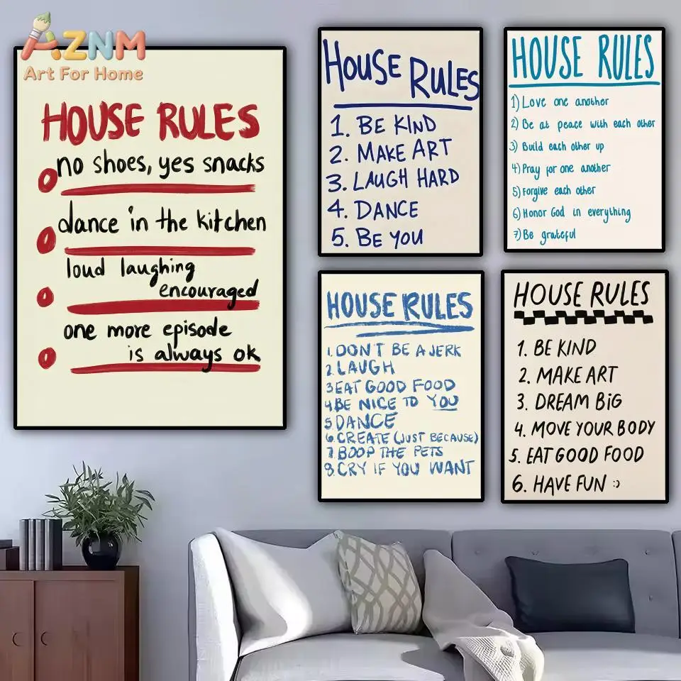 AZNM Handwritten House Rules Canvas Print Funny Positive Family Quote Minimalist Typography Entryway Living Room Home Wall Decor