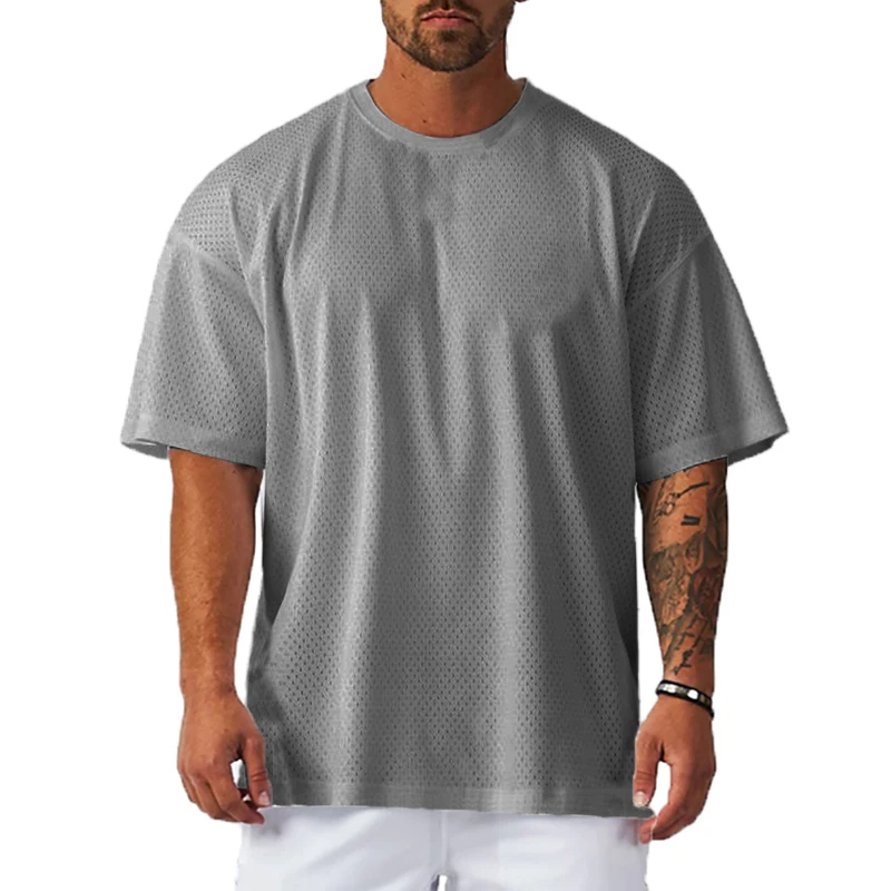 Oversized T Shirt Mens O Neck Dropped Shoulders Hip Hop Loose Gym Clothing Mesh Half Sleeve Fitness Bodybuilding T-shirt