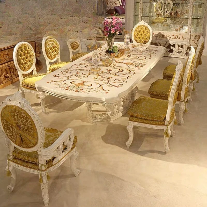 Wood carving hand-painted flower oval dining table villa living room dining table and chair combination furniture