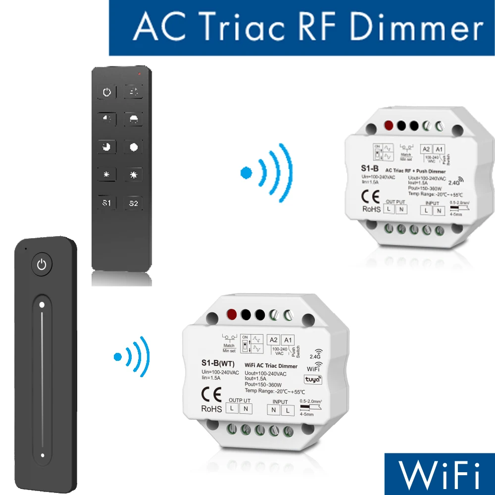 

Skydance RF + Push AC Phase-cut Dimmer 2.4G RF LED controller S1-B CH*1.5A S1-B(WT) WiFi AC Triac Dimmer APP Switch Single Color