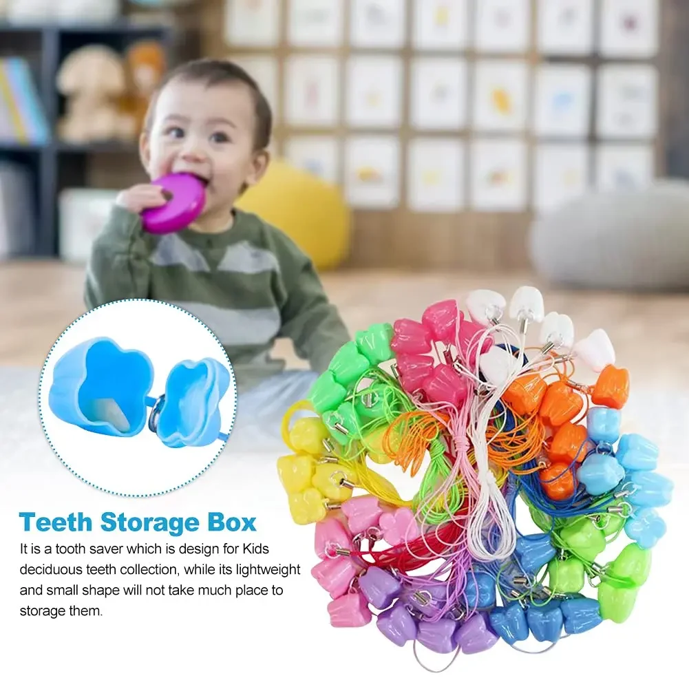 50pcs Mixed Color Tooth Box Organizer Baby Milk Tooth Fairy Box Tooth Storage with Necklace Souvenirs Gift Baby Teeth Box