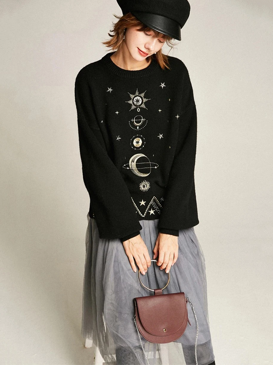 Design Starry Sky Embroidery Sweater High-End 2024 New Autumn Winter Loose Jumper Women Sweater Pullover Knit Top Runway C-055