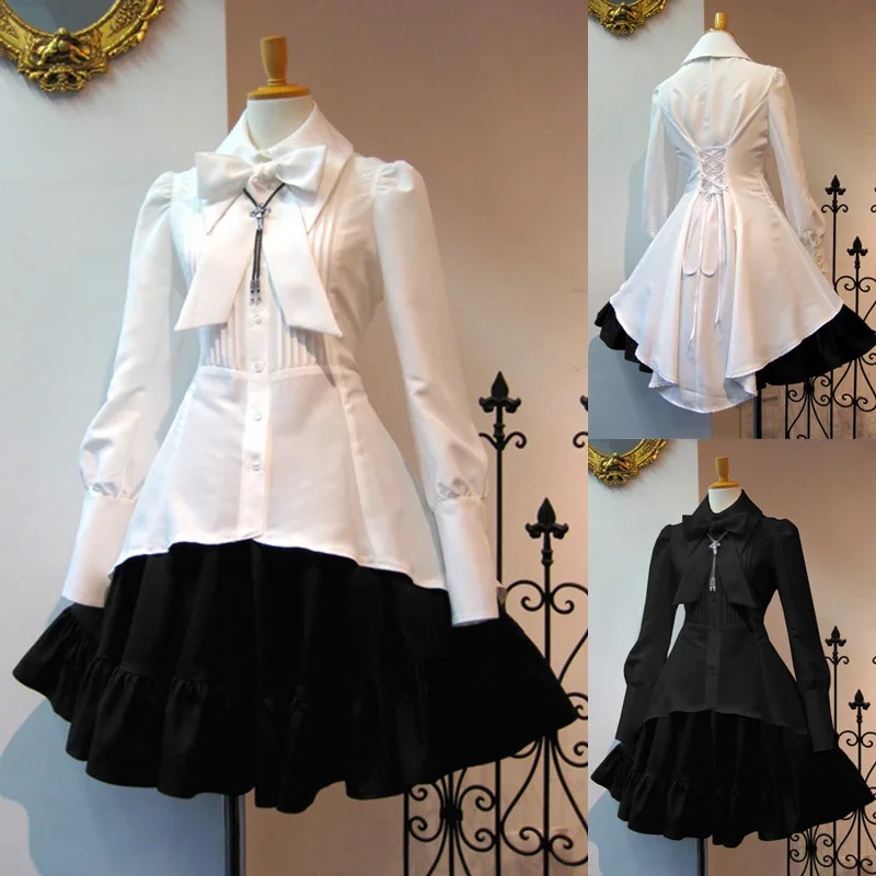 Robe de femme de chambre japonaise avec nœud à revers, robe à volants, taille à lacets, cosplay, jupe irrégulière sexy, costume d'école Lolita, document solide