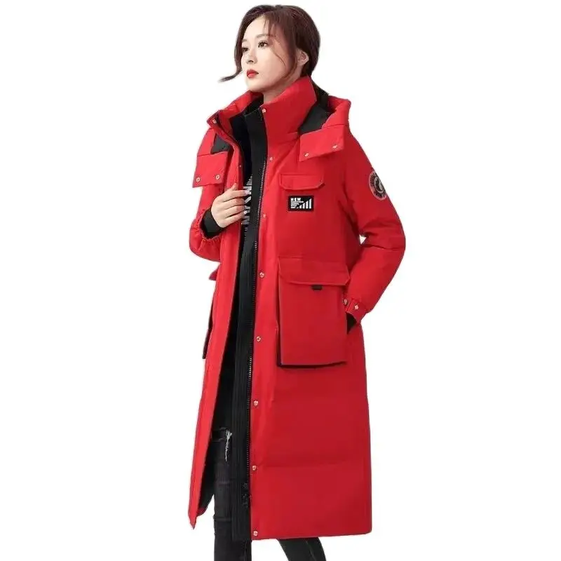 

New Down Jacket Feminine Long Coat 2024 Autumn And Winter Over-the-knee Fashion Loose Tooling Hooded Warm Down Jacket Woman.