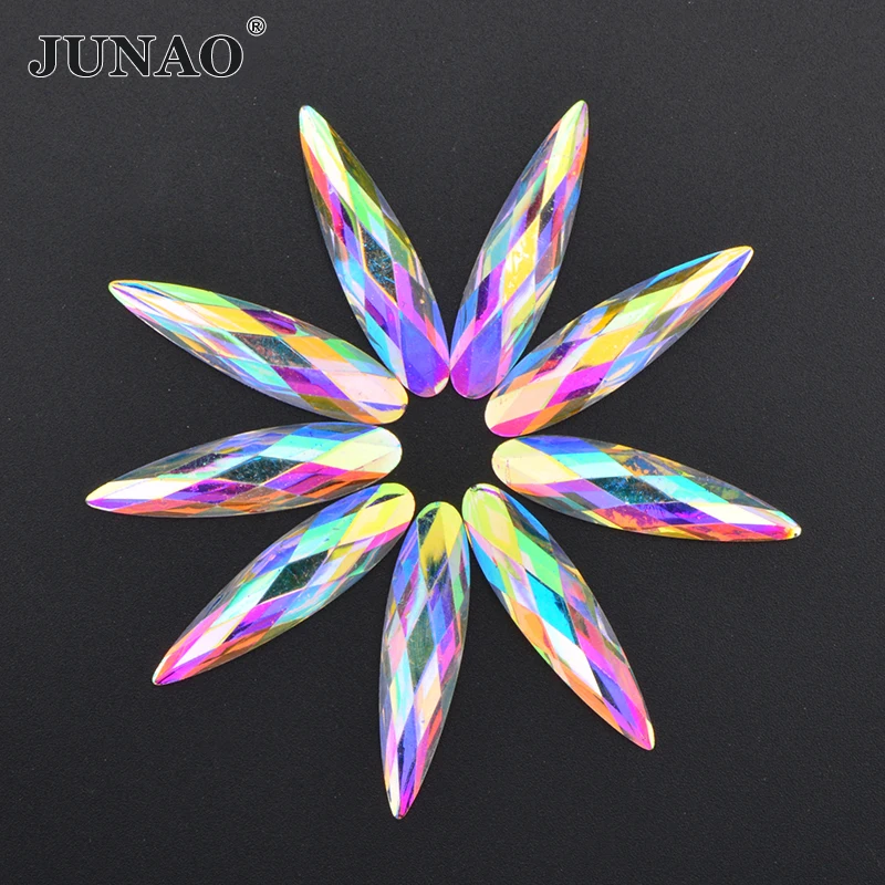 JUNAO 20Pcs 9*36mm Large Crystal AB Teardrop Rhinestone Flat Back Glue On Acrylic Strass Applique Non Hotfix Crystal Stones