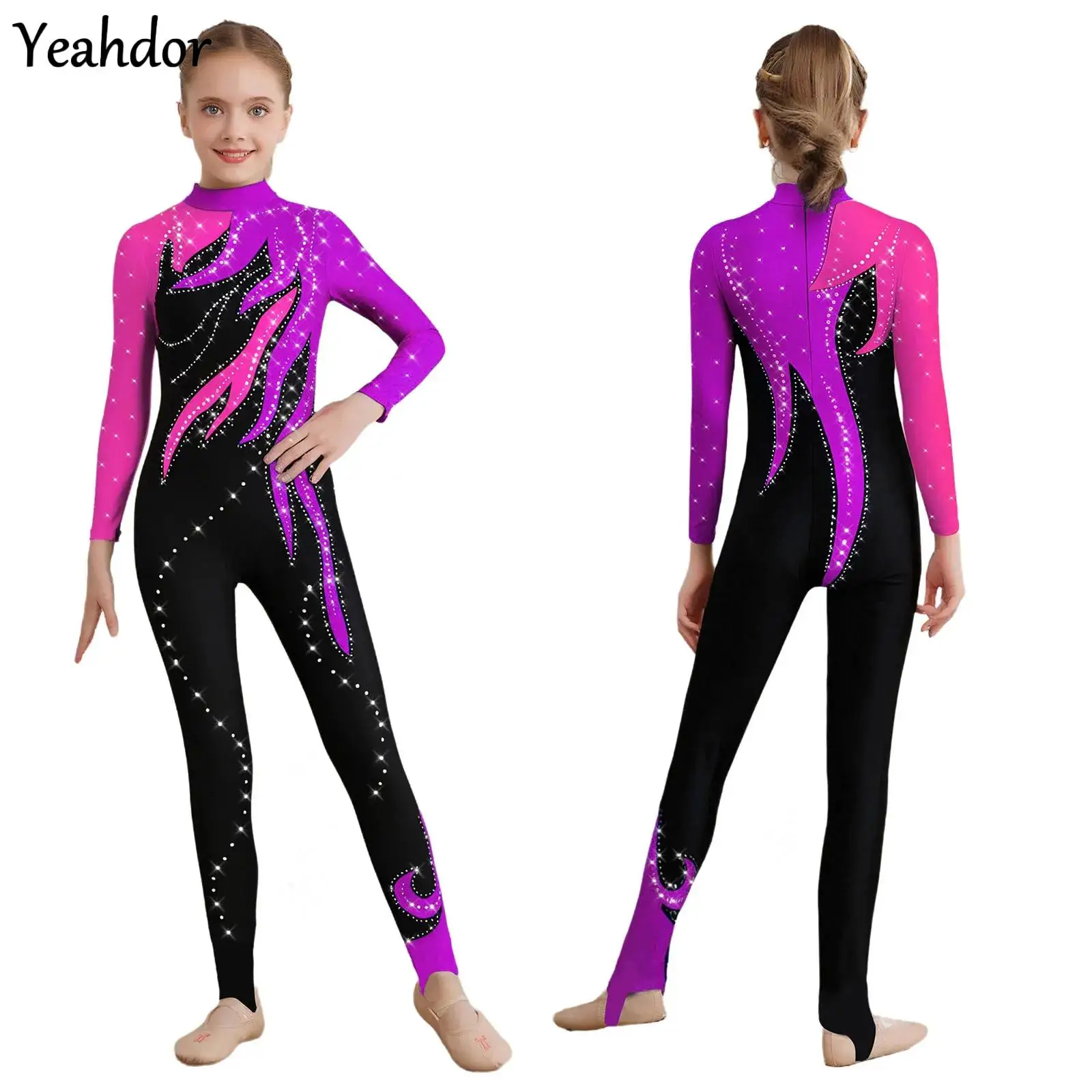키즈 걸스 컬러 블록 피겨 스케이팅 댄스 레오타드 긴 소매 라인스톤 발레 체조 점프수트 풀 바디 수트 공연용