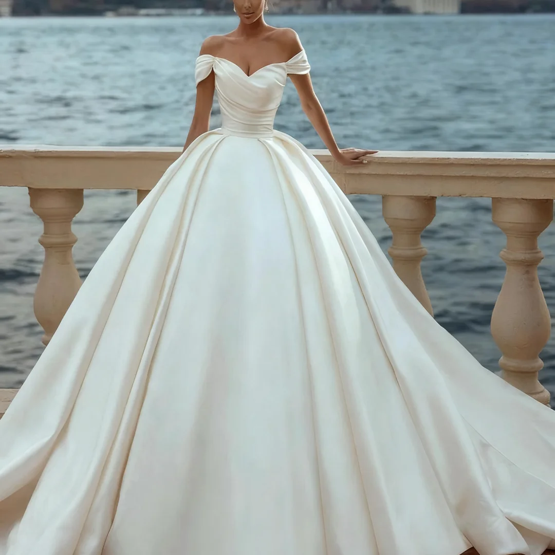 

Customized Elegant Princess Satin Wedding Dresses For Woman Bride Ball Gowns Off Shoulder Lace Formal Bride Porm Party Gowns