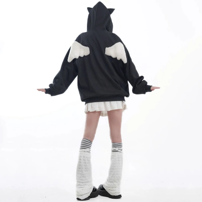 Autumn Kawaii Hoodies Women Cat Ears Hooded Sweatshirts Young Girls Y2K Plush Angel Wing Zip-Up Hoody Halloween Party Clothes