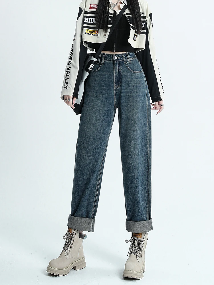 

High Waist Wide Leg Jeans Women's Spring Autumn Fashion Slimming Cuffed Versatile Dad Style Carrot Shape Denim Pants