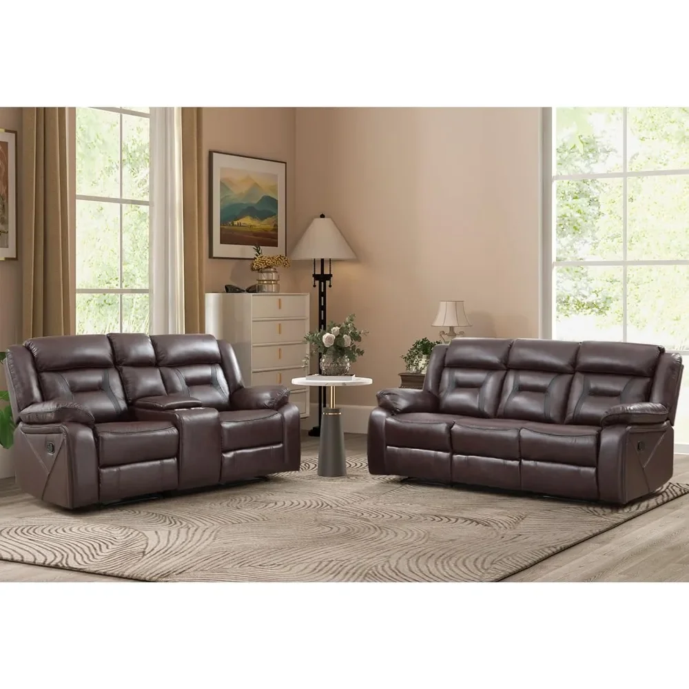 Recliner Sofa Set, Leather Reclining Living Room Furniture Set, Included Single Recliner Chair and 3 Seat Manual Recliner Sofa