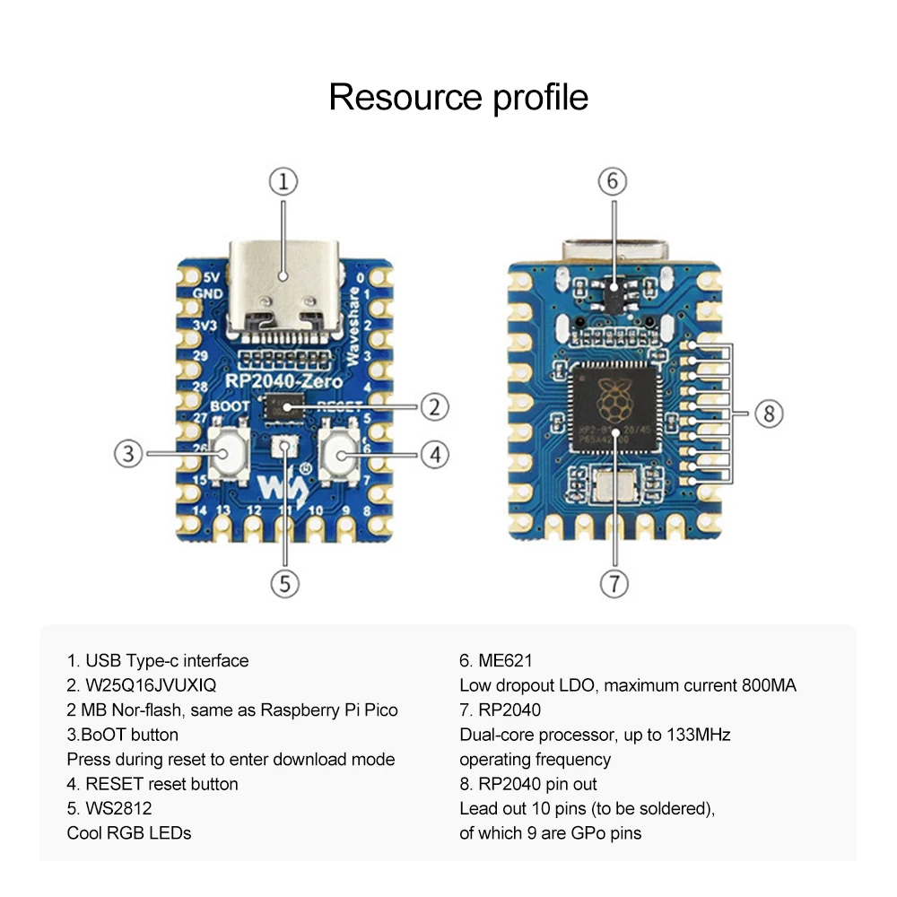 1-10PCS Raspberry Pi RP2040-Zero Microcontroller PICO Development Board RP2040 Dual-core Cortex M0+ Processor 2MB Flash