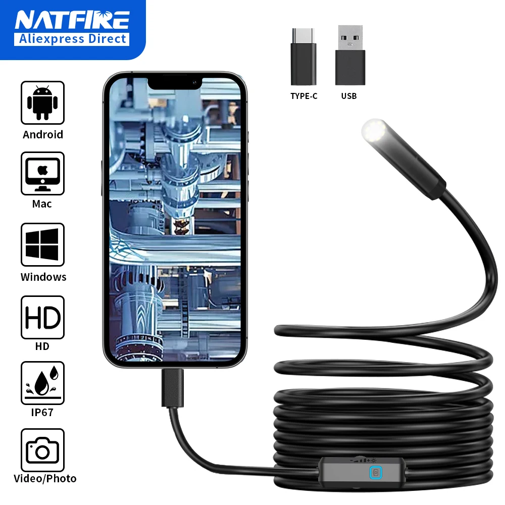 7.0MM TYPE-C Endoscope Camera IP67 Waterproof 6 LEDs Adjustable USB Android Flexible Inspection Borescope Cameras for Phone PC