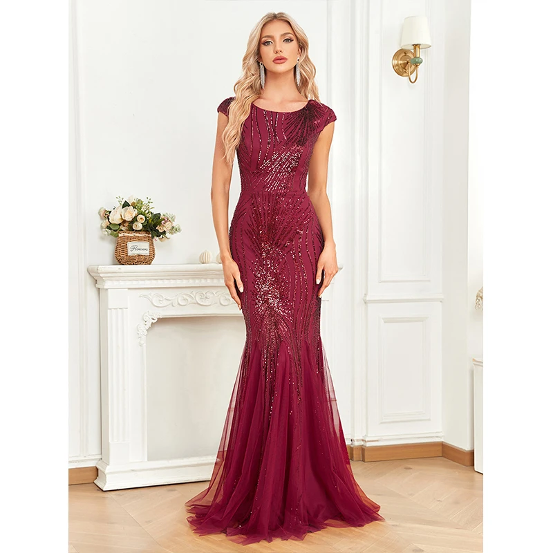 

Women Summer Short sleeve O Neck Red Sequined Elegant vestido de festa Cocktail Party Evening Prom Long Mermaid dresses