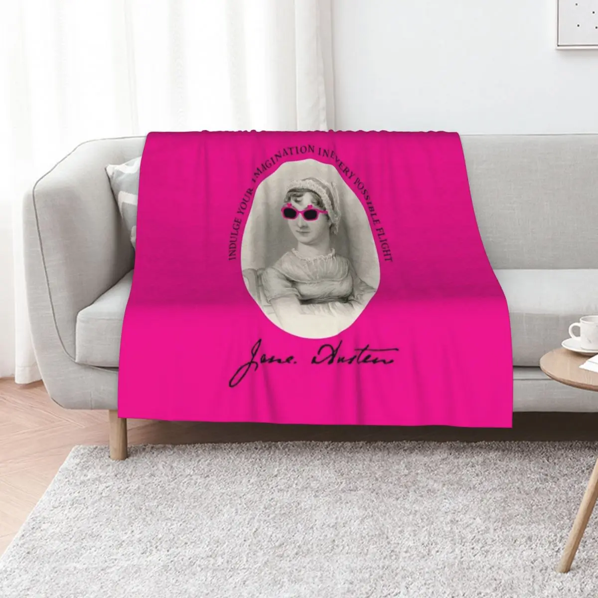 Jane Austen Quote Portrait Pink Throw Blanket Picnic Winter beds Plush Furry Camping Flannel Blankets