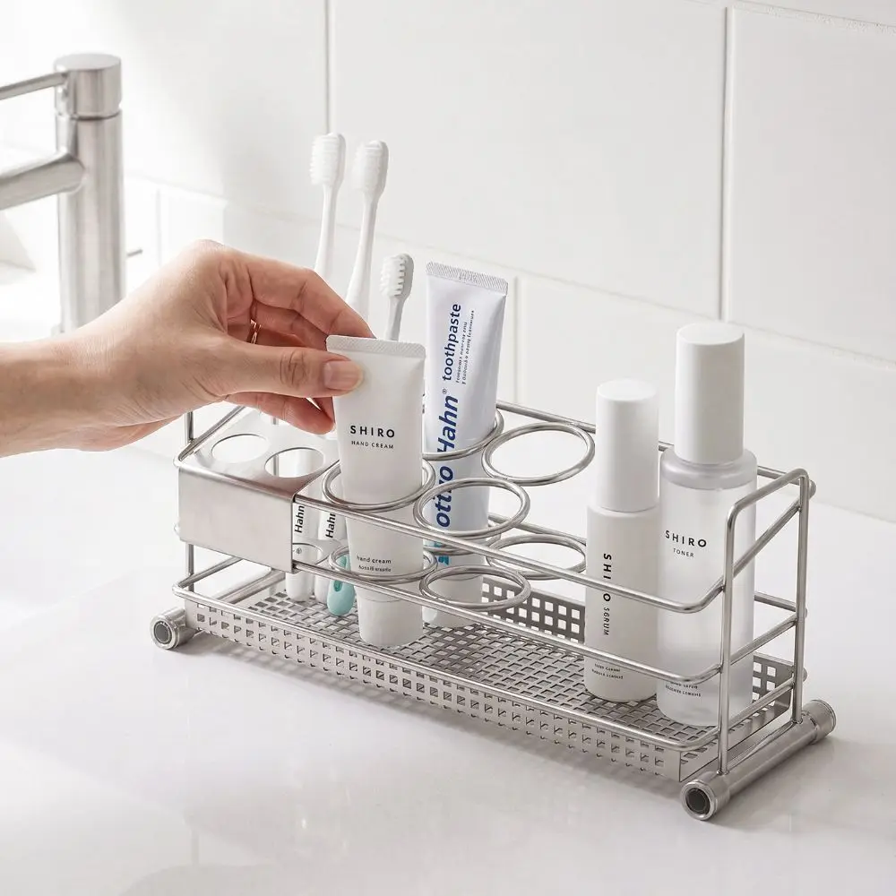 Stainless Steel Toothbrush Holder Space Saving Perforated Bottom Tray Bathroom Storage Rack Rust Resistant Raised Rails