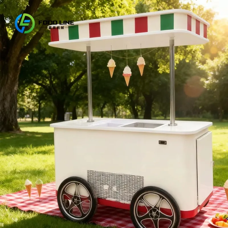 Ice Cream Food Truck Push Cart Trolley Freezer Cabinet Mobile and Street Kiosk for Daily Use for Home Office Customized