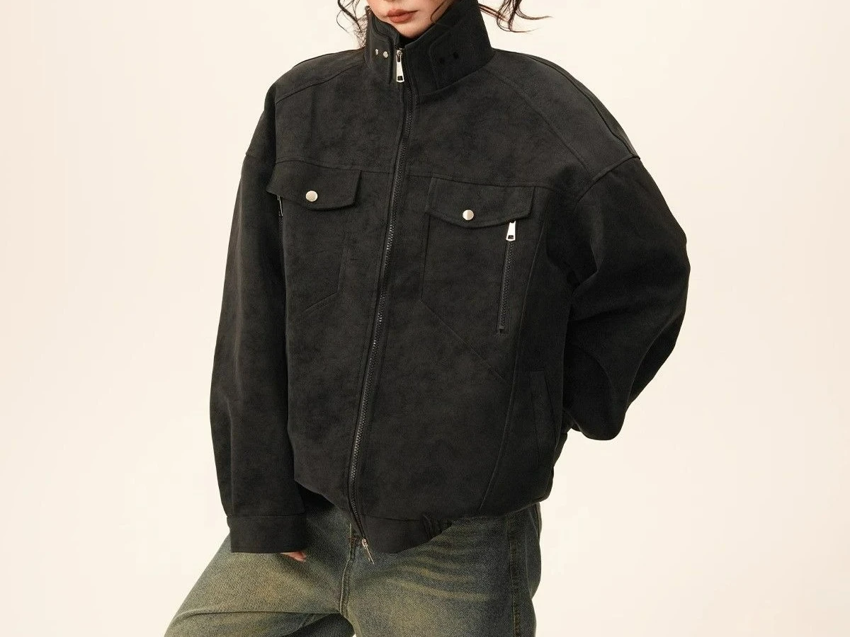 سترة ريترو بياقة واقفة لربيع وخريف 2025 سترة جلدية للملابس الخارجية #5