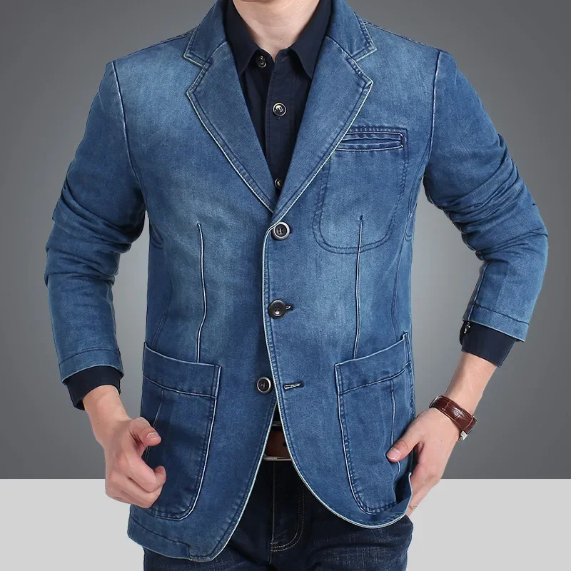 

Spring Mens Denim Jacket Lapel Multi Pocket Solid Color Single Breasted Jacket High-quality Mens Denim Slim Fitting Blazer Coats