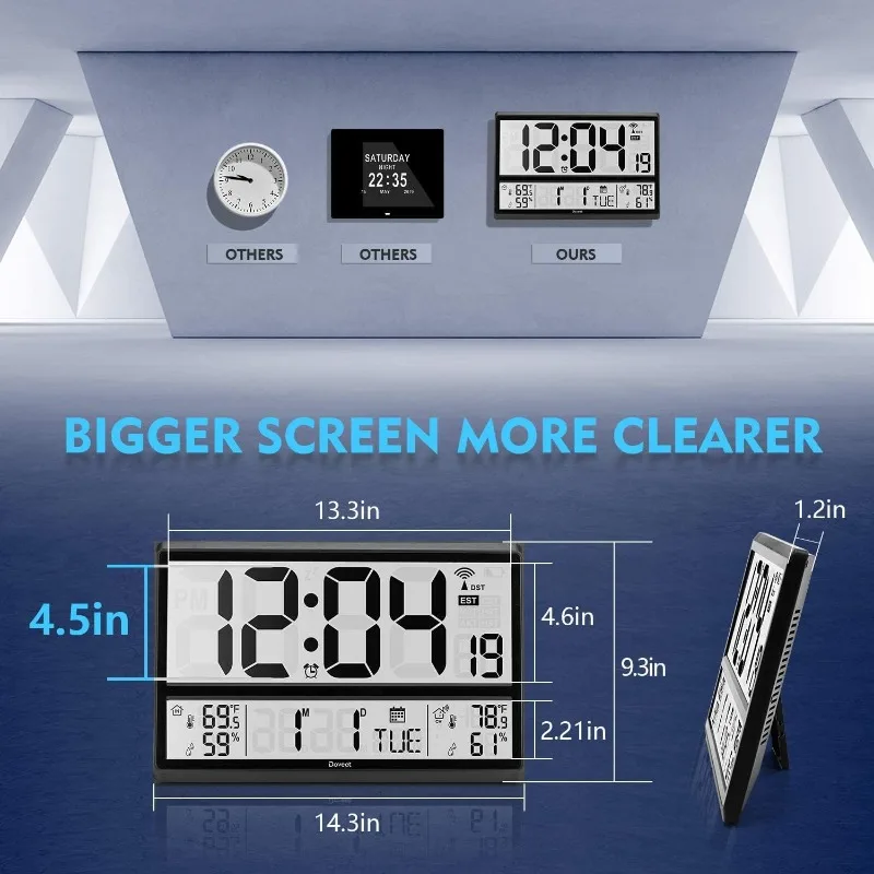 Atomic Clock DOVEET-Digital Wall Clock Never Needs Setting/ Easy to Read/Easy Set Up/Indoor Outdoor