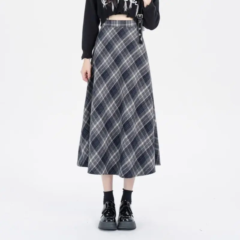 Deeptown Vintage Plaid Skirt Women Preppy Style Autumn Winter Long Skirts Retro High Waist Streetwear Casual A-line Midi Skirts