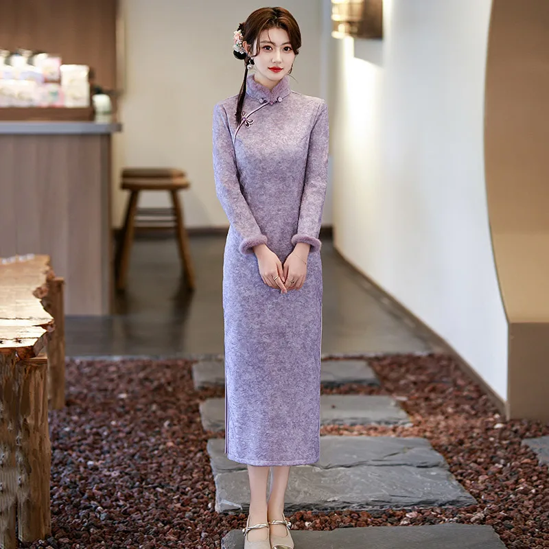 Yourqipao Winter Purple Fleece-Lined Thickened Qipao Long-Sleeved Modified Cheongsam Chinese Style Evening Dress for Women Party