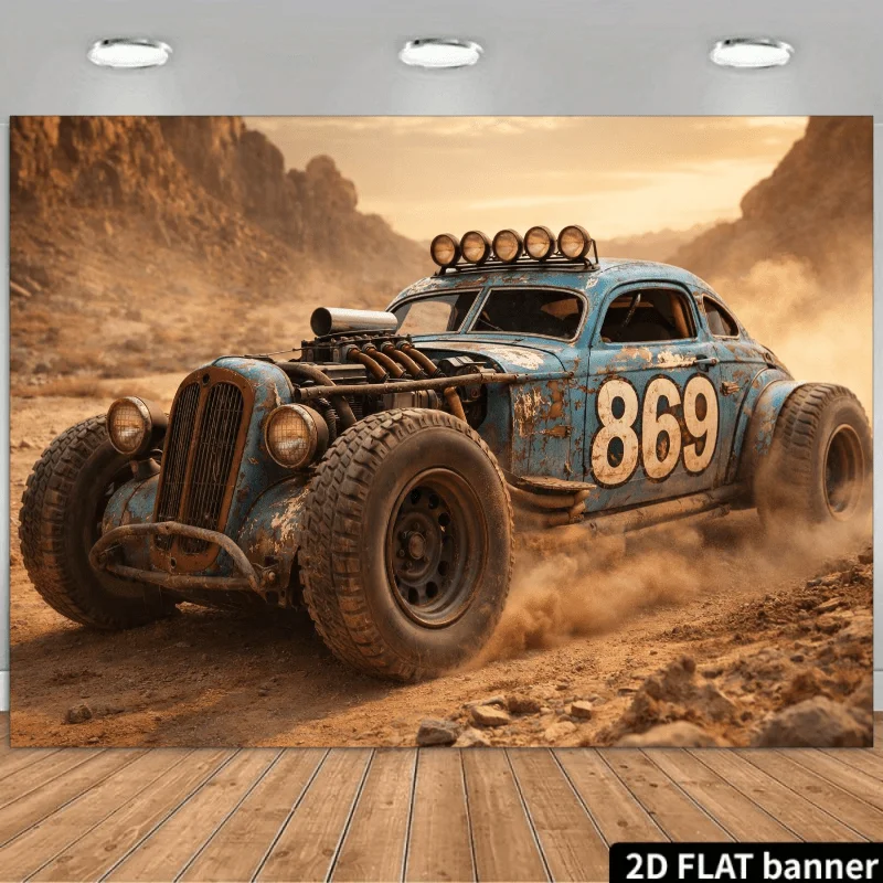 2D planar off-road racing theme banner background - Retro modified racing car theme