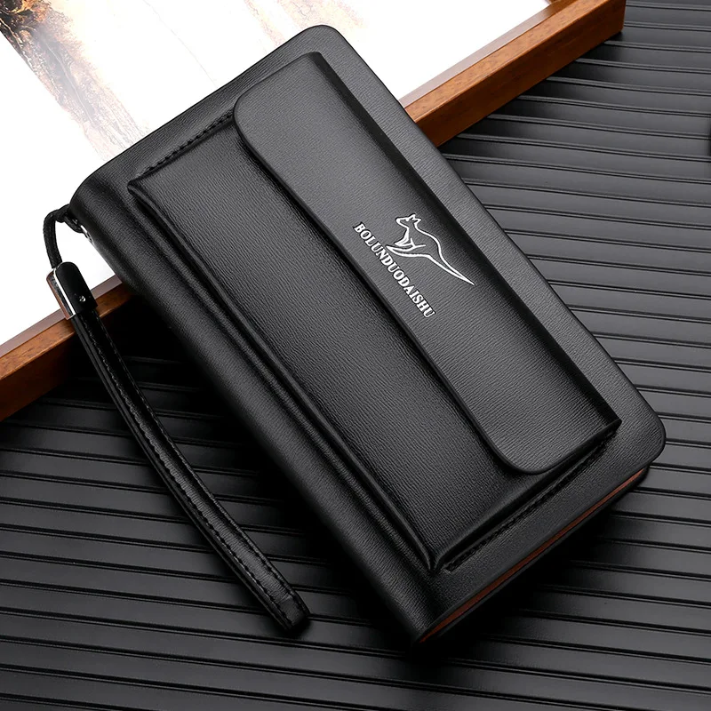 KANGAROO Brand Men Clutch Bag Fashion Leather Long Purse Double Zipper Business Wallet Black Brown Male Casual Handy Bag