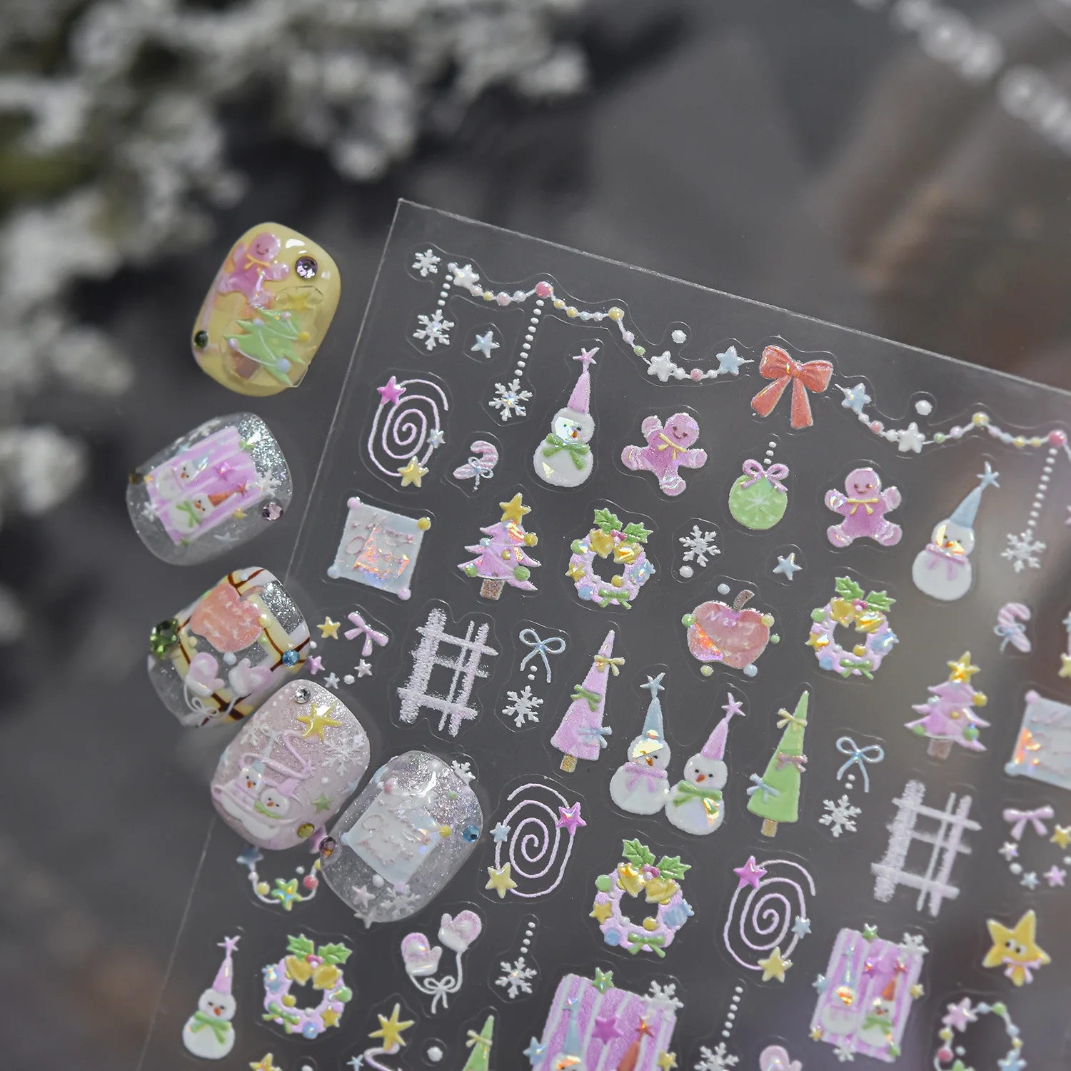 Christmas Colorful Snowman Christmas Tree Gingerbread Man Wreath Gift Box Star Spiral Chain Lace Edge Self‑Adhesive Nail Decal