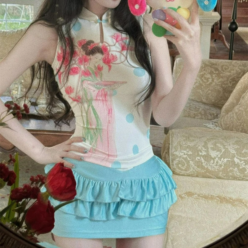 

Новый летний модный комплект 2026 года: топ без рукавов в китайском стиле с воротником-стойкой и юбка с завышенной талией для женщин