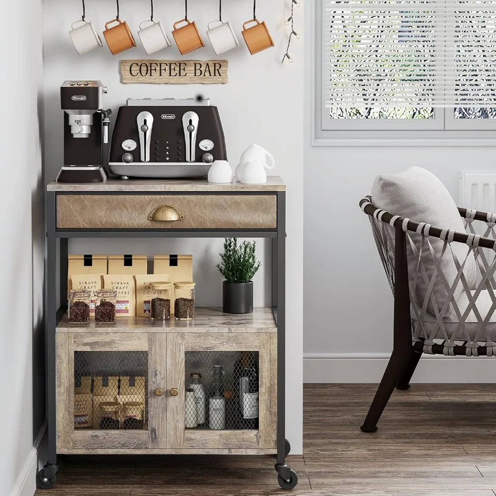 

Coffee Bar Cabinet，3 Tiers Kitchen Coffee Cart with Drawer for The Home, Movable Farmhouse Coffee Station Table on Wheels