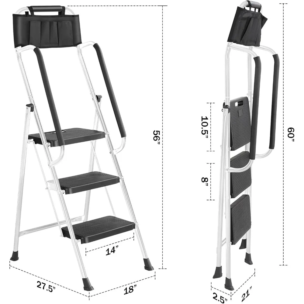 3-Step Ladder with Hand Rails Anti-Slip Platform & Rubber Feet - Lightweight Heavy Duty Foldable & Portable - 330 lbs Capacity