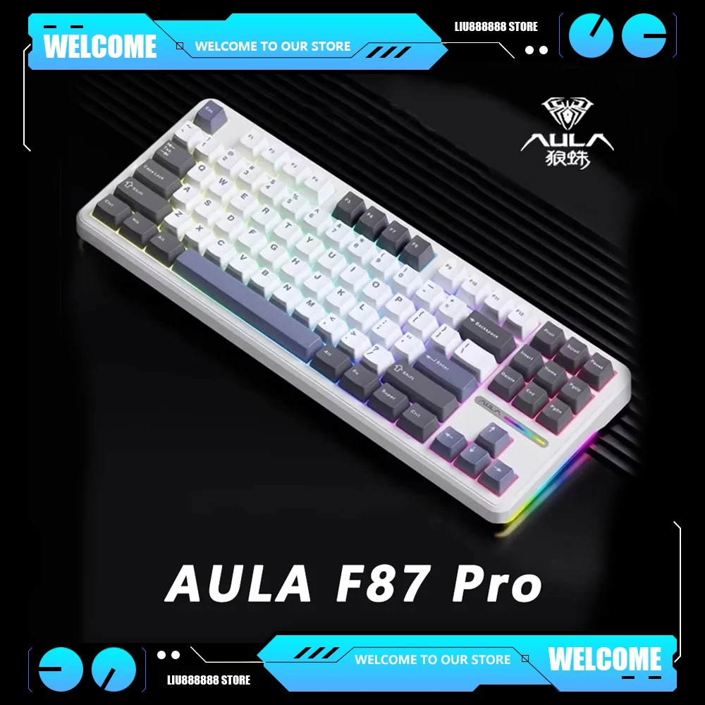 

AULA F87 Pro Mechanical Keyboards RGB Side Light Hot Three Mode Keyboard Grey Wood Switch Agile Switch Customize 87 Key for Game