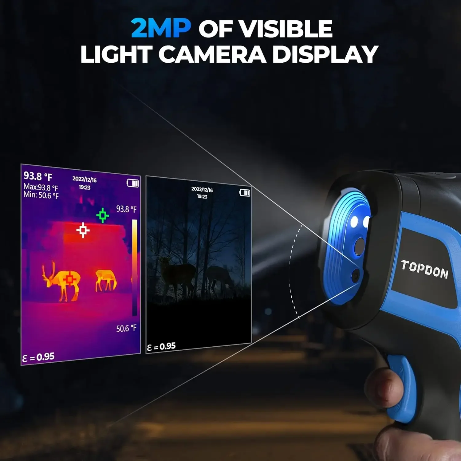 كاميرا تصوير حراري مزدوجة الدقة عالية 256 × 192 بالأشعة تحت الحمراء مع عمر بطارية 12 ساعة وإضاءة مرئية بدقة 2 ميجابكسل