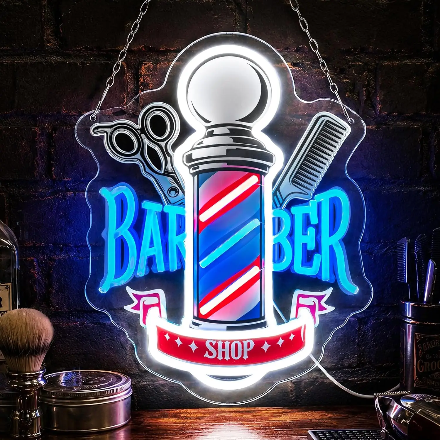 Barber Neon Sign Accessories for Barber Decor, LED Barber Sign Wall Mount Hair Salon Light Sign, USB Powered Hair Salon Sign