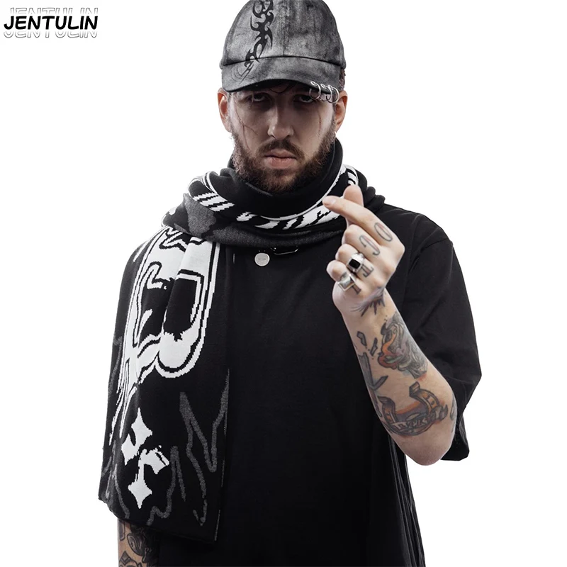 

Punk Hip Hop Knitted Scarf Korean Fashion Street Fun Print Shawl Y2K Aesthetic Retro Scarfs Men Women Autumn Winter Warm Scarves