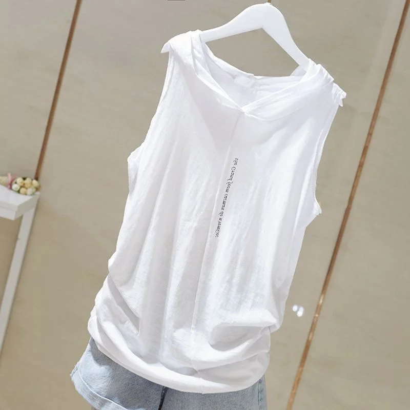

plus Size 300 Pounds Women's Pure White Hooded Tank Top Summer Elastic Loose Sleeveless T-Shirt Casual Commute Style Korean V...
