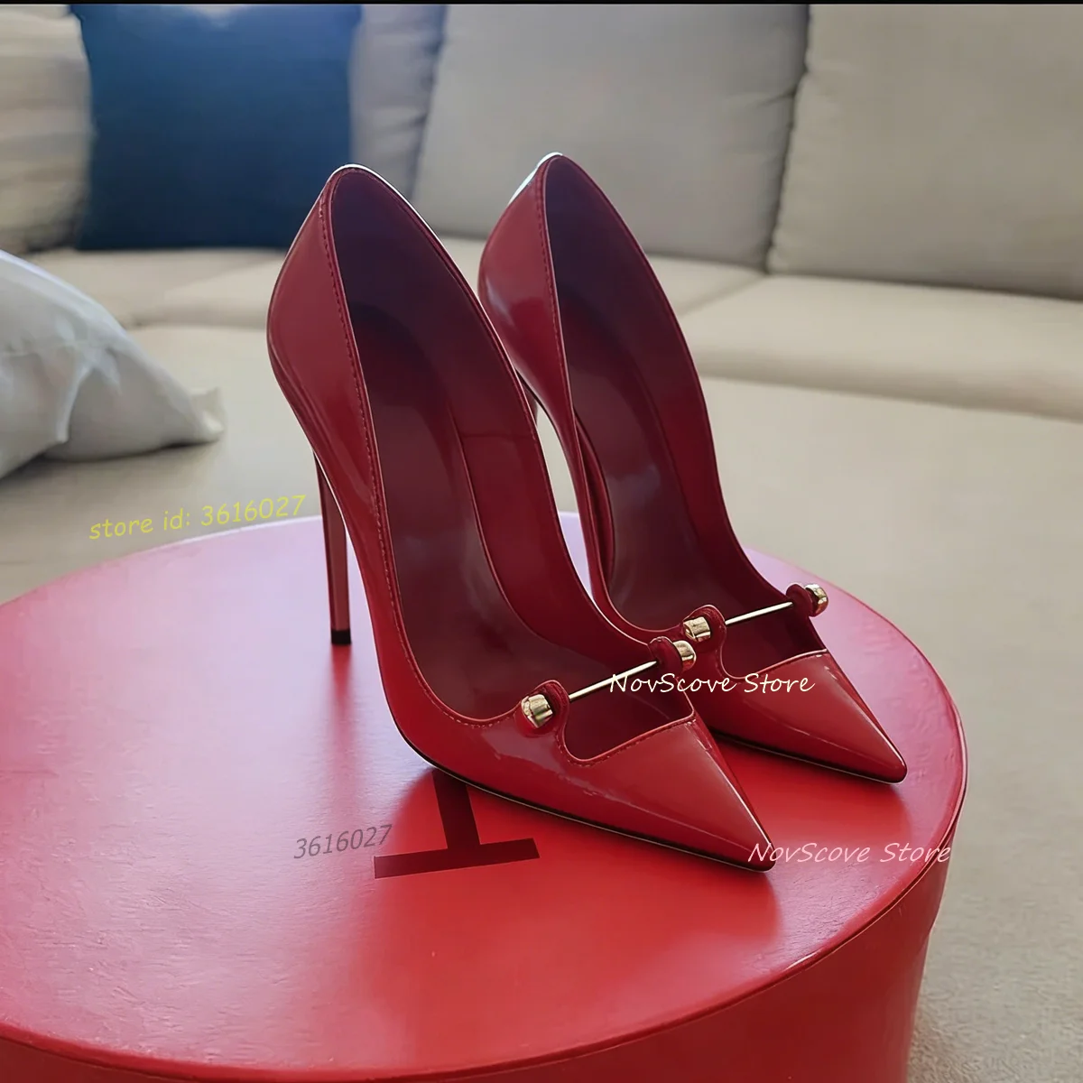 

Pointy Toe Pumps Patent Leather Metal Stick Decor Hot Girl Shallow Pumps Stiletto High Heels Sexy Women Party Dress Single Shoes