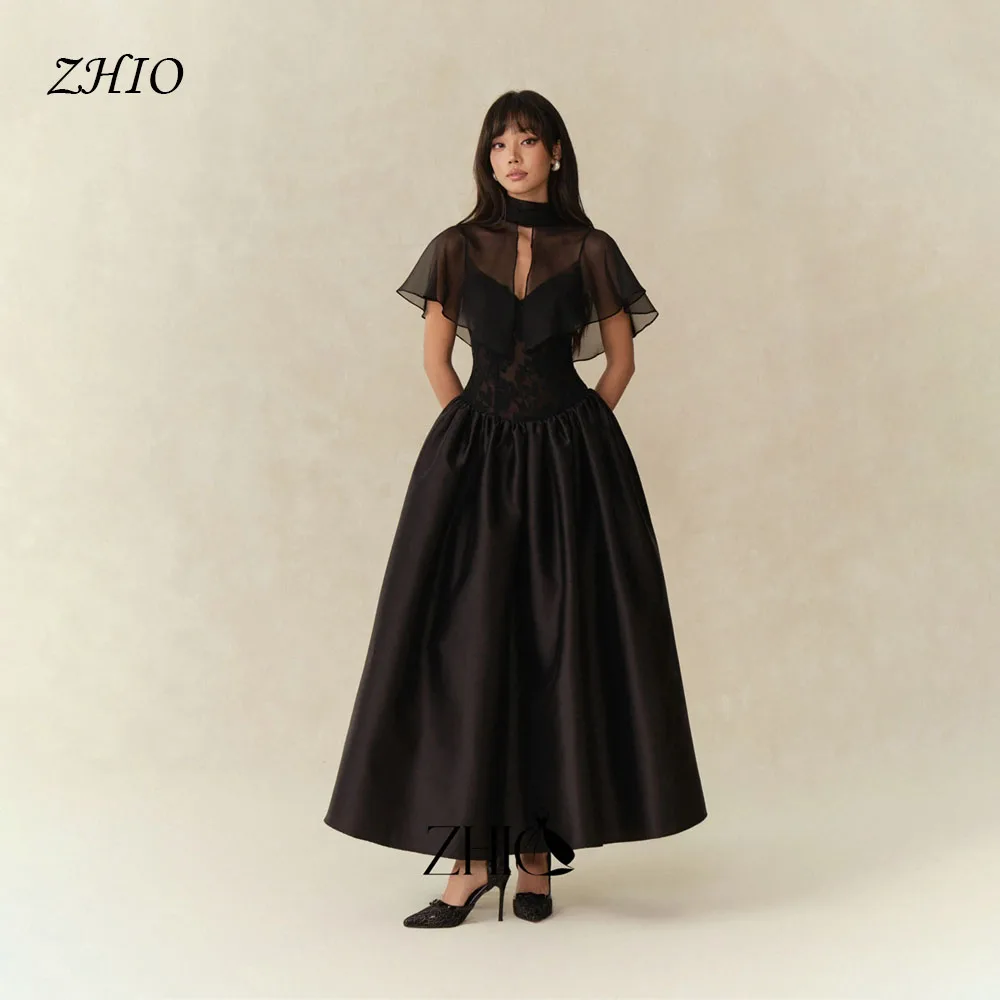 ZHIO Elegant Black Spaghetti Strap Lace Detachable Shawl Satin Ankle Length Evening Garments Ball Gown Customized 2027
