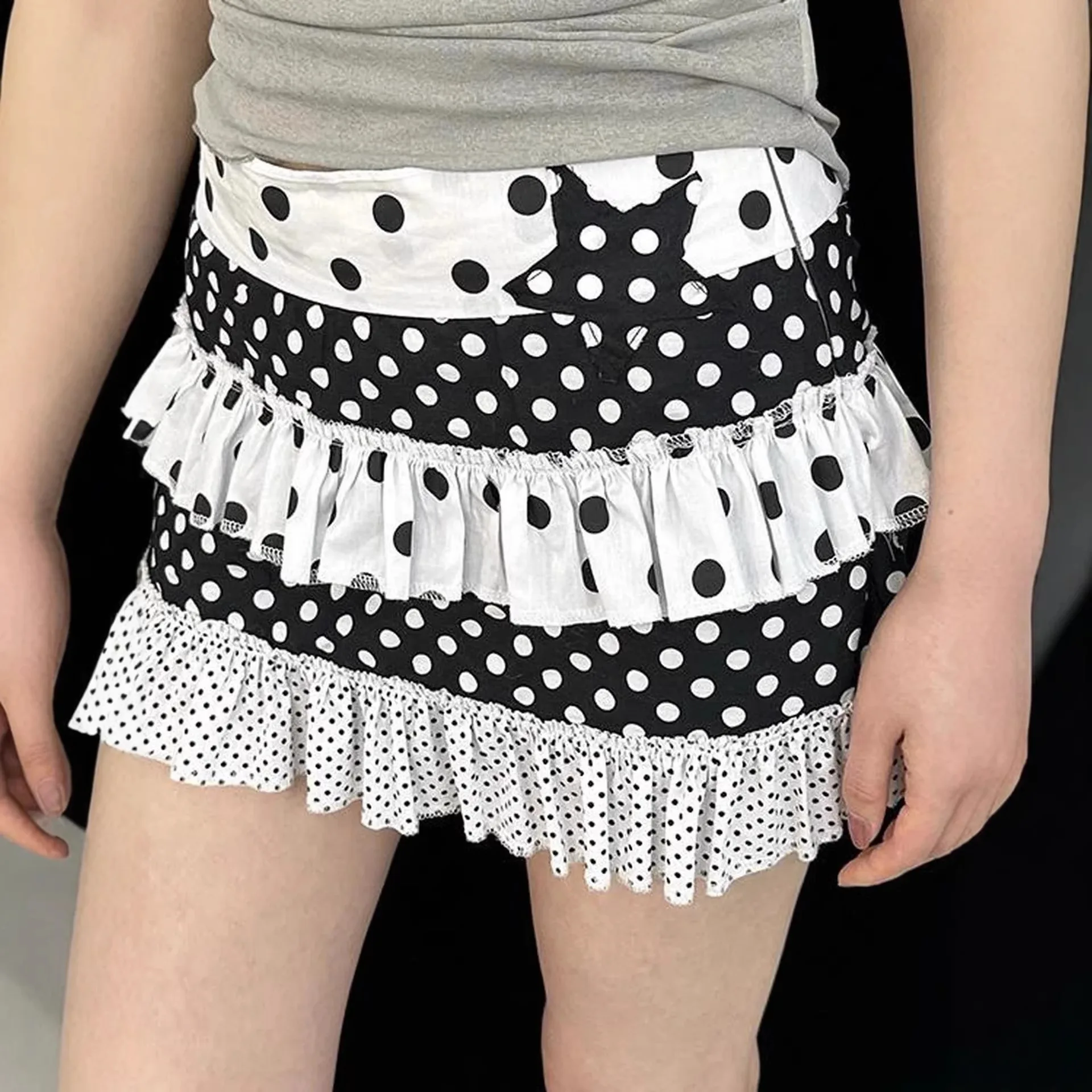 

Новая весенняя юбка в стиле ретро с рюшами и воланами в горошек, многослойная короткая юбка с кружевом, в стиле Hot Girl, милая юбка А-силуэта