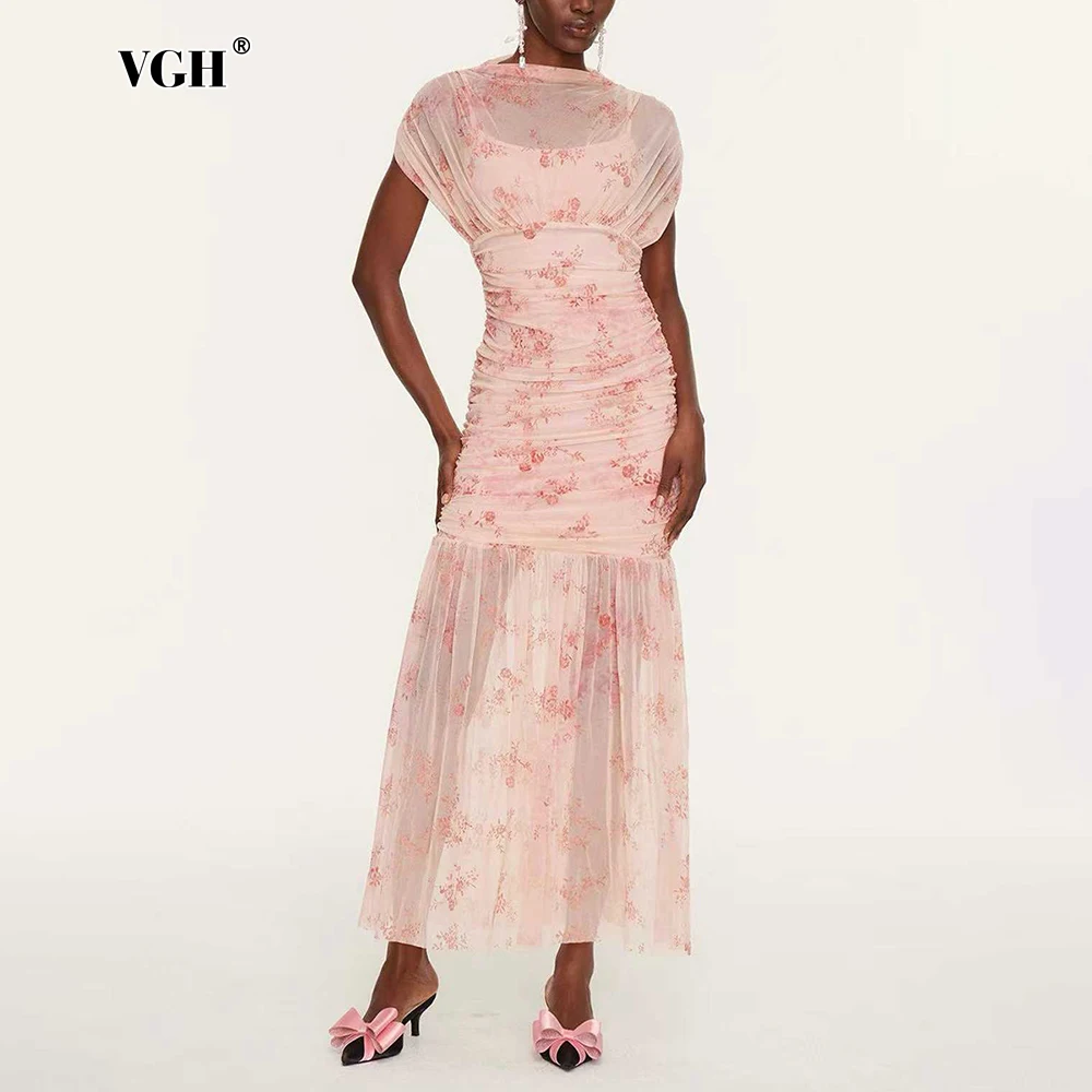 VGH Floral Print Mesh Maxi Dress for Women Mock Neck Cap Sleeve Ruched Waist Tiered Flowy Long Dress for Party Vacation Dating
