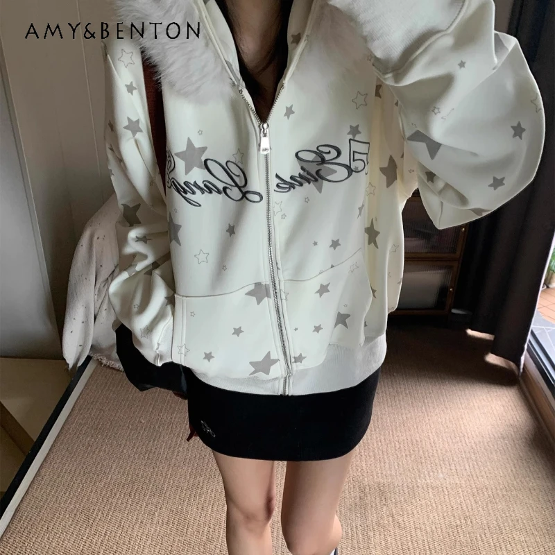 

Autumn Winter New Sweet Cool Fur Collar Hooded Women's Sweatshirt College Style Five-Pointed Star Print Zipper Jacket Ladies