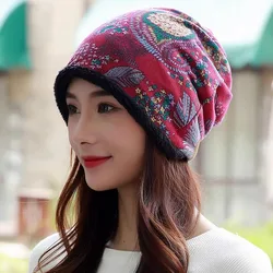 Vintage Embroidered Winter Warm Beanie Cap Plus Velvet Soft Bonnet Bandanas Hat