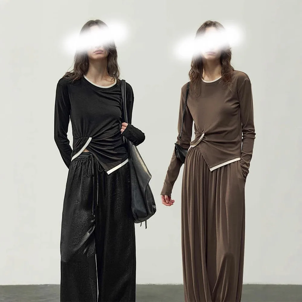 

Shirt Waist Cinching and Slimming Asymmetrical Top Autumn Long Sleeve Knitted Soft Design Pullover