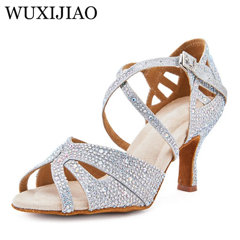 Latin Dance Shoes for Women Silver Sparkling Rhinestone Salsa Dance Performance Social Dance Shoes