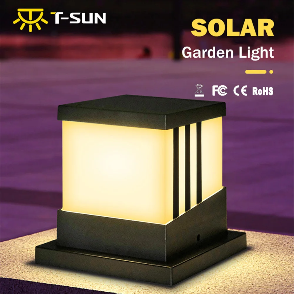 T-SUN-luz solar exterior da coluna, decoração do jardim, cerca da porta, parede, pátio, luz, modo 3, IP65