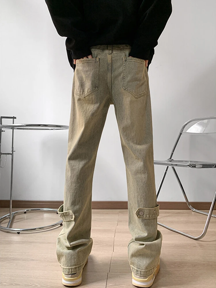 

Retro American Washed Yellow Mud Color Men's Jeans High Street Cleanfit Deconstructed Button Micro Flare Long Pants