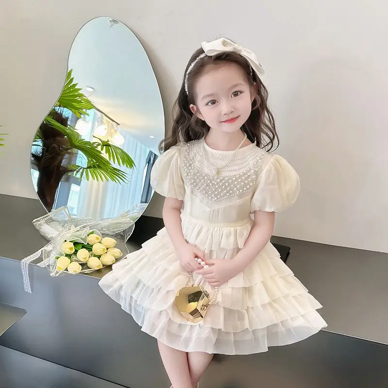 Girls Princess Summer2024New Fashion Baby Pearl Children's Little Girl Short Sleeve round Neck Cake Dress